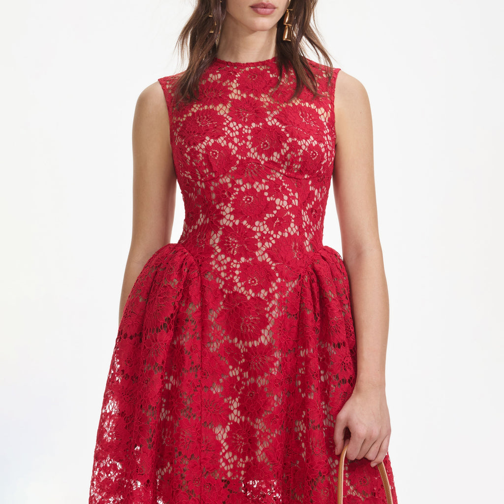 brenda Lace hollow Midi Dress in red - Stylish red dress for special occasions | Buy Online