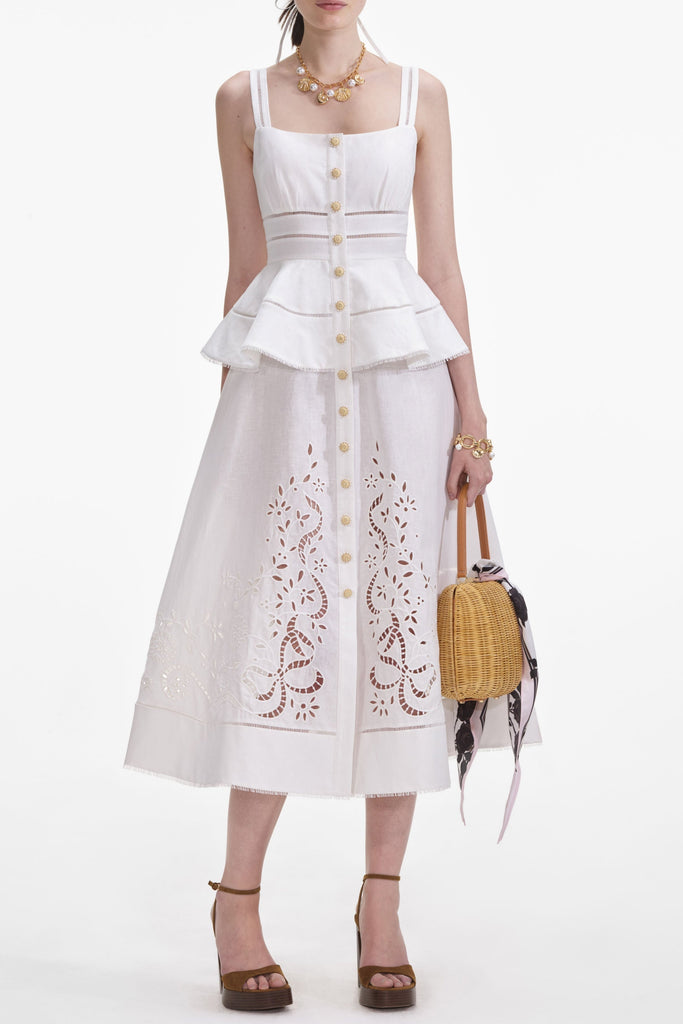 helen Cream Linen Peplum Midi Dress - Stylish beautiful dress for special occasions | Buy Online