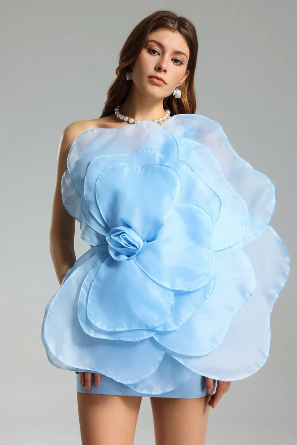 bonnie 3D Voluminous Organza Floral Mini Dress - Blue - Stylish blue dress for special occasions | Buy Online