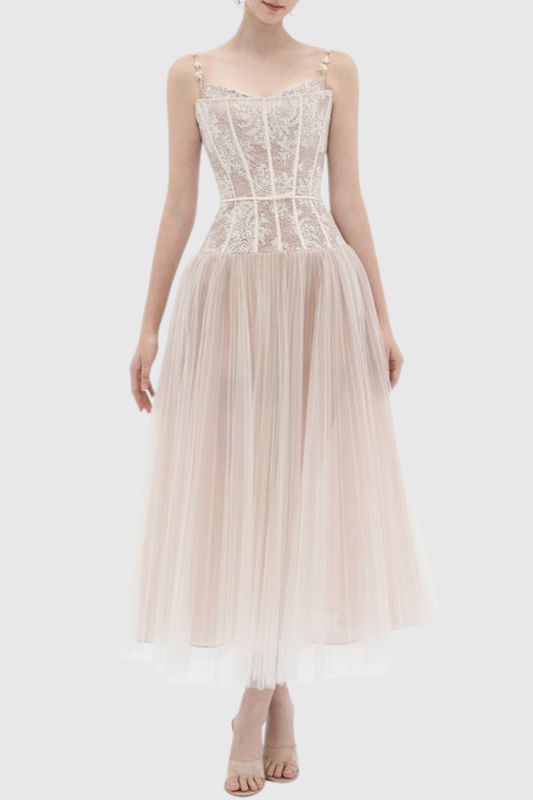 Safio Lace Corset Pleated Maxi Dress