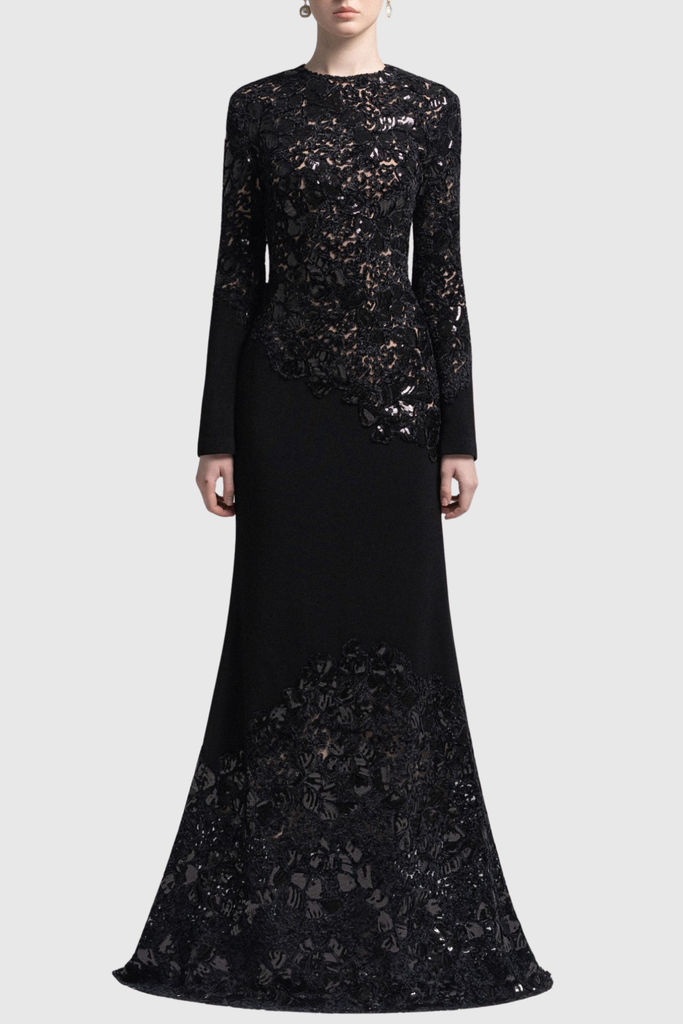 Stylish black dress | polly Lace Sequin Satin Maxi Dress - Black - Ideal for special occasions