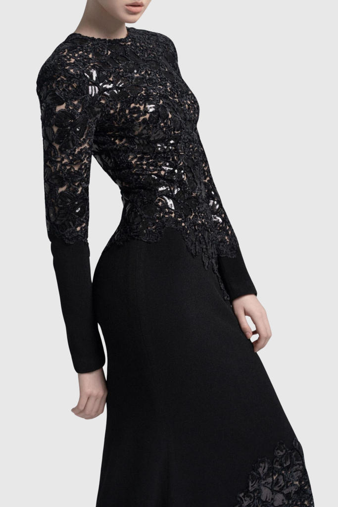 Stylish black dress | polly Lace Sequin Satin Maxi Dress - Black - Ideal for special occasions
