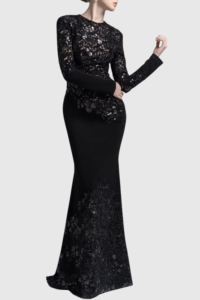 Stylish black dress | polly Lace Sequin Satin Maxi Dress - Black - Ideal for special occasions