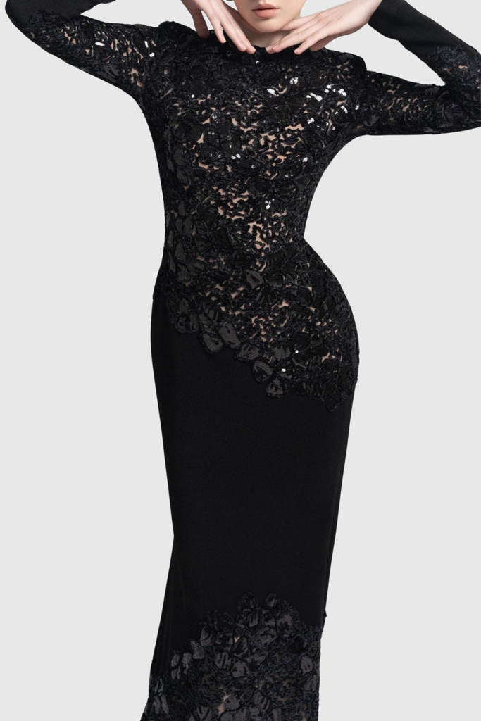 Shop  black dress - Perfect for special occasions | polly Lace Sequin Satin Maxi Dress - Black