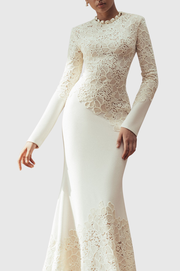 Stylish white dress | quintina Lace Sequin Satin Maxi Dress - White - Ideal for special occasions