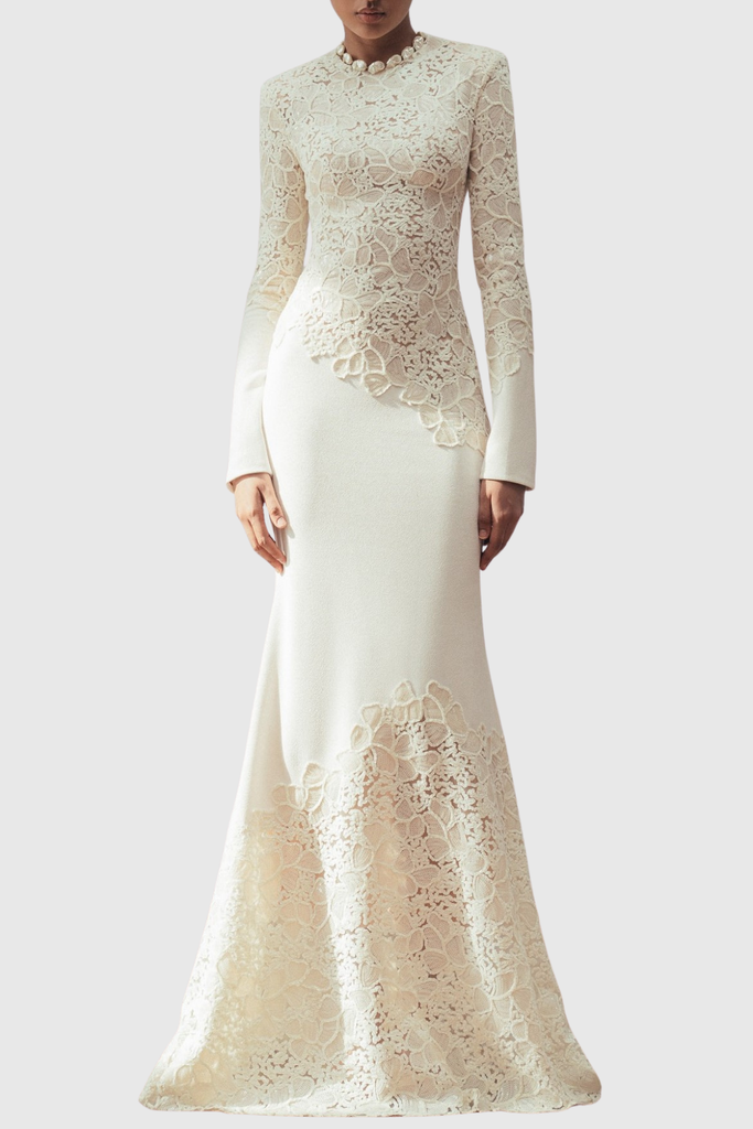 quintina Lace Sequin Satin Maxi Dress - White - Stylish white dress for special occasions | Buy Online