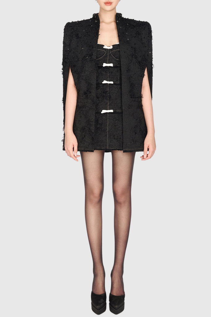 Santos Bow Jacquard Beaded Mini Dress - Black - Stylish black dress for special occasions | Buy Online