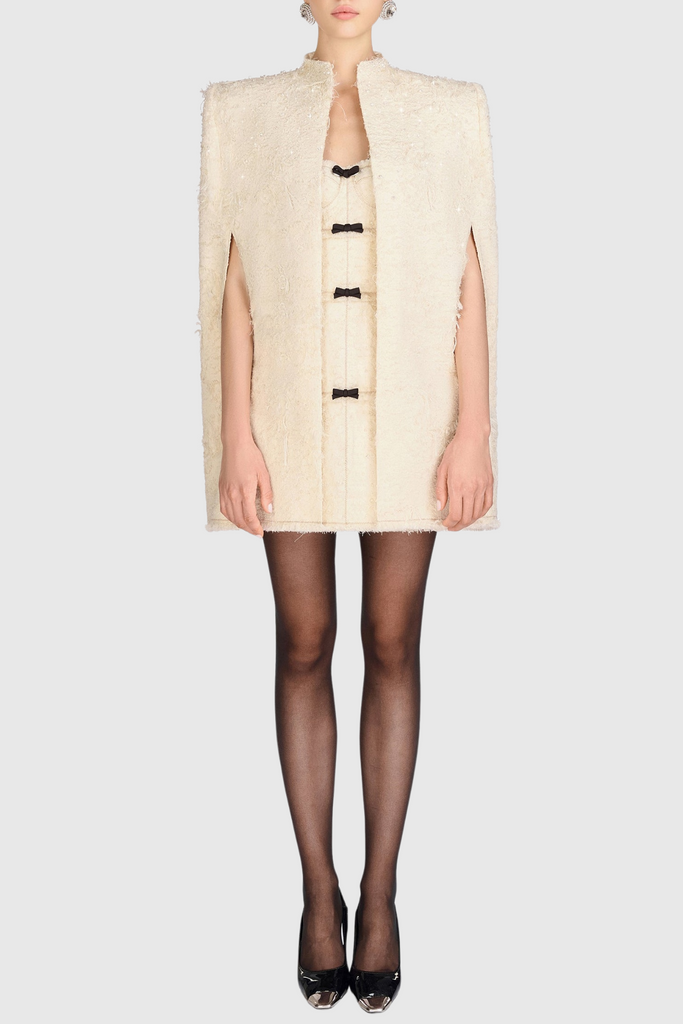 Stylish beige dress | Santos Jacquard Beaded Cape - Beige - Ideal for special occasions