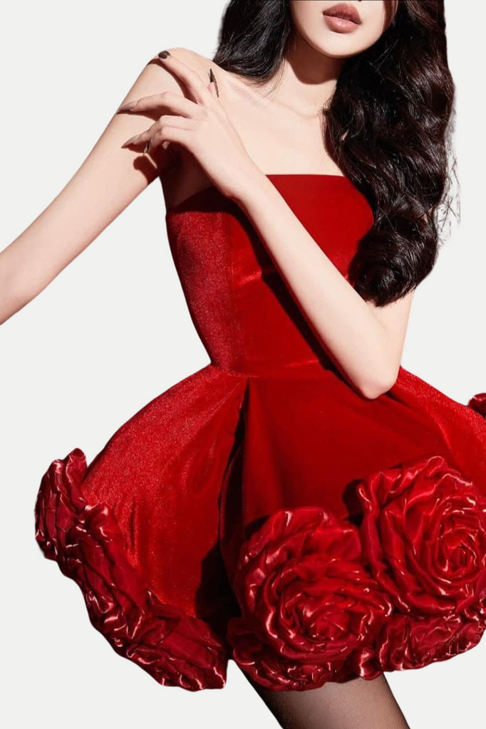 Shop  red dress - Perfect for special occasions | Sebast Flower Strapless Velvet Mini Dress - Red