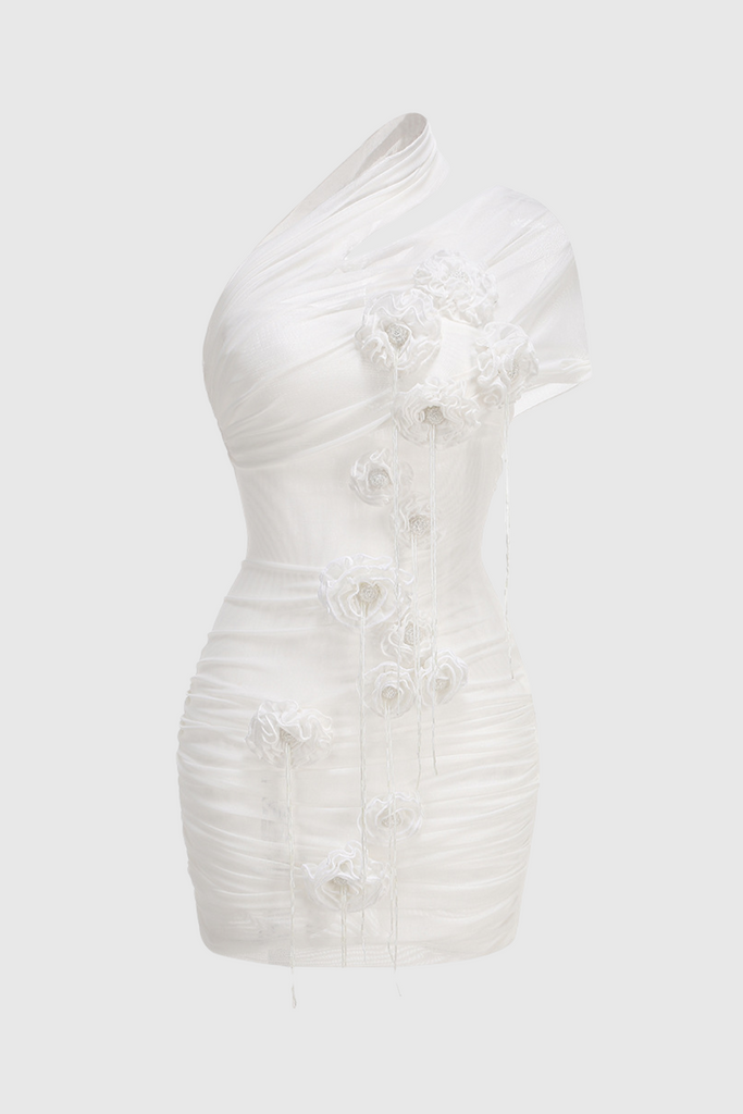 Shop  beautiful dress - Perfect for special occasions | Sheadia One Shoulder Floral Mesh Ruched Mini Dress