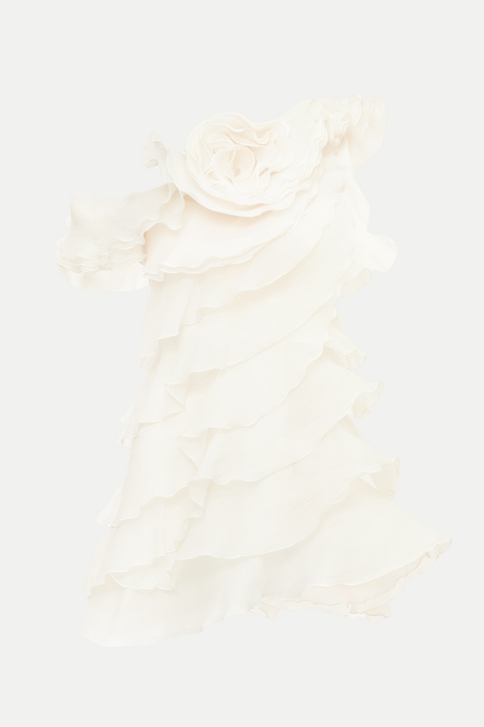 Shelyn Flower One Shoulder Ruffle Mini Dress - Beige - Stylish beige dress for special occasions | Buy Online