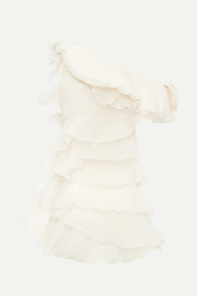 Stylish beige dress | Shelyn Flower One Shoulder Ruffle Mini Dress - Beige - Ideal for special occasions