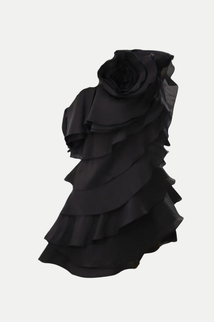 Stylish black dress | Shelyn Flower One Shoulder Ruffle Mini Dress - Black - Ideal for special occasions