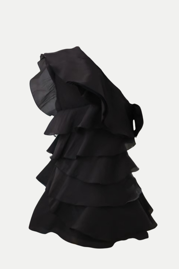 Shop  black dress - Perfect for special occasions | Shelyn Flower One Shoulder Ruffle Mini Dress - Black