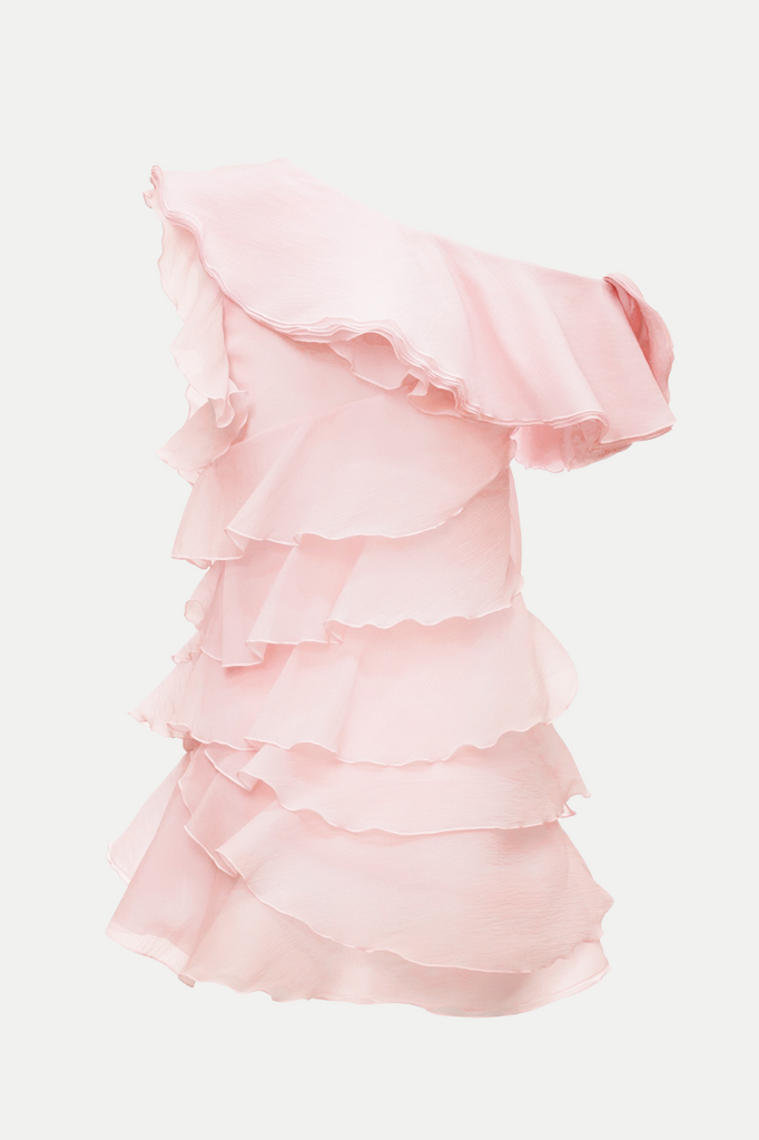 Stylish pink dress | Shelyn Flower One Shoulder Ruffle Mini Dress - Pink - Ideal for special occasions