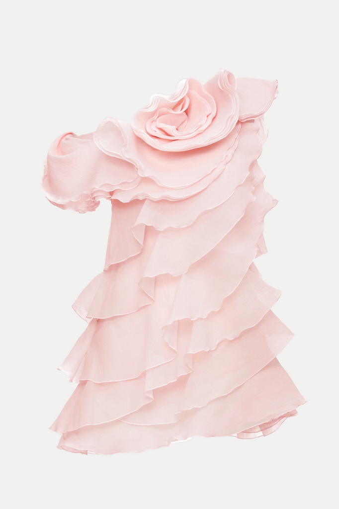 Stylish pink dress | Shelyn Flower One Shoulder Ruffle Mini Dress - Pink - Ideal for special occasions