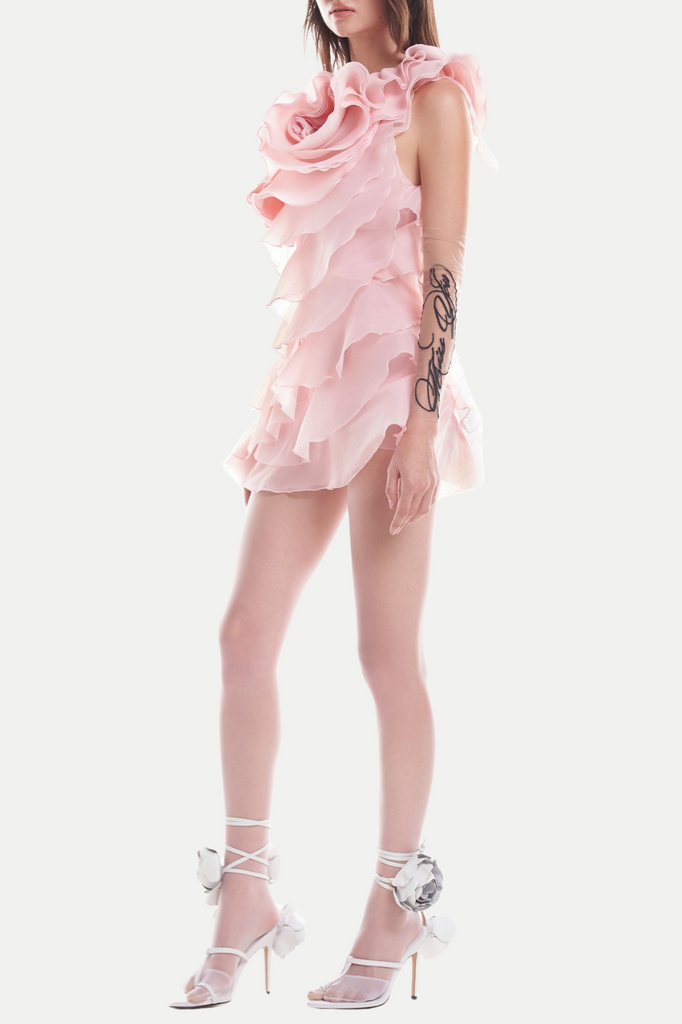 Shelyn Flower One Shoulder Ruffle Mini Dress - Pink - Stylish pink dress for special occasions | Buy Online