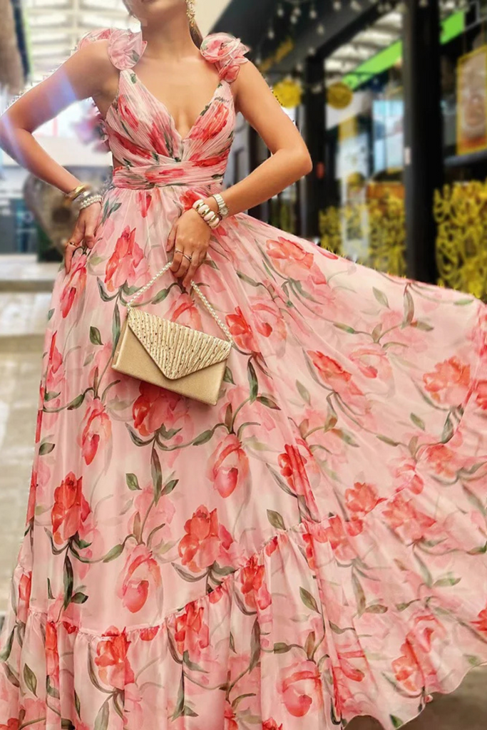 Floral Print Ruffled Backless Maxi Dress in Pink - Stylish pink dress for special occasions | Buy Online