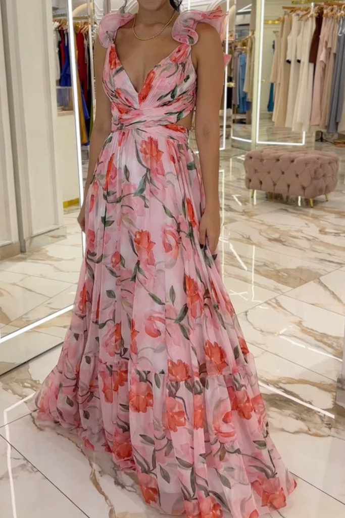 Shop  pink dress - Perfect for special occasions | Floral Print Ruffled Backless Maxi Dress in Pink