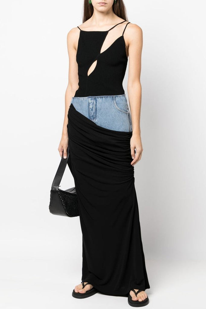 Shop  beautiful dress - Perfect for special occasions | Sloane Draped Patchwork Denim Skirt