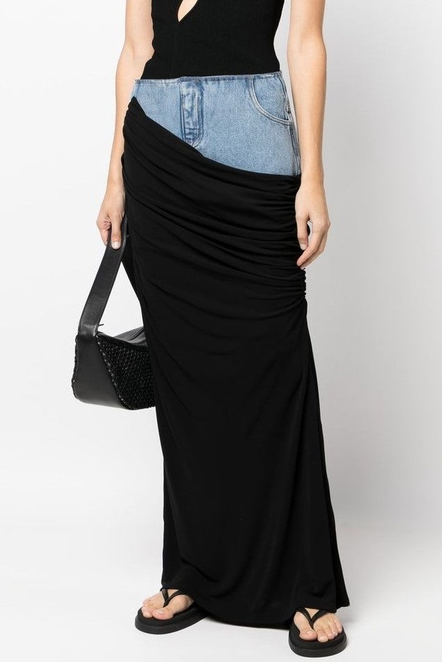 Sloane Draped Patchwork Denim Skirt - Stylish beautiful dress for special occasions | Buy Online