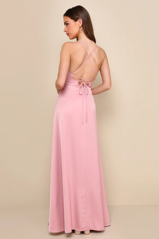 Stylish pink dress | So Loving Pink Satin Pleated Lace-Up Backless Maxi Dress - Ideal for special occasions