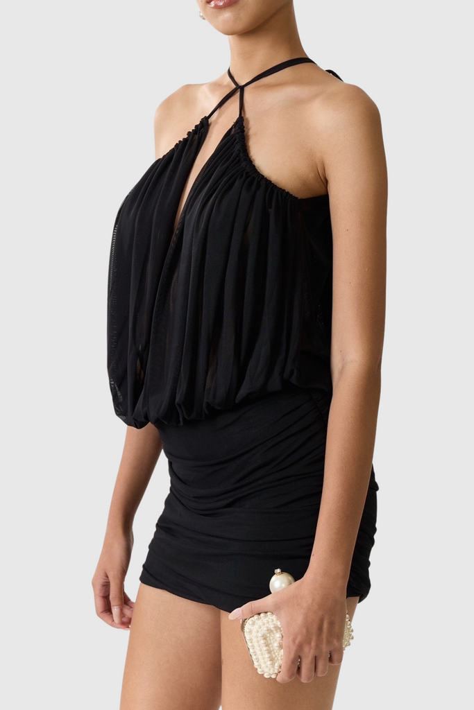 Shop  black dress - Perfect for special occasions | Sophrona Halter Ruched Mini Dress - Black