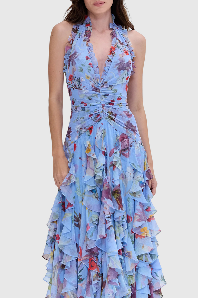 Shop  blue dress - Perfect for special occasions | Floral Halter Ruffle Tulle Maxi Dress in Blue