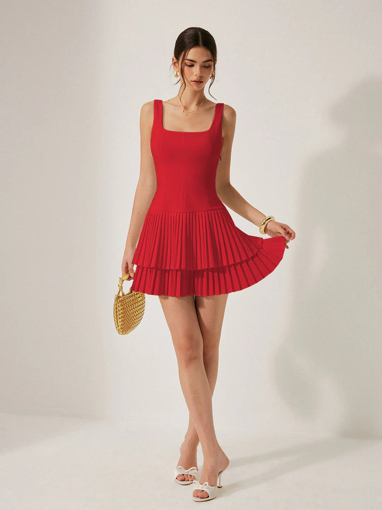 Square Neck Pleated layered mini Dress - Stylish red dress for special occasions | Buy Online