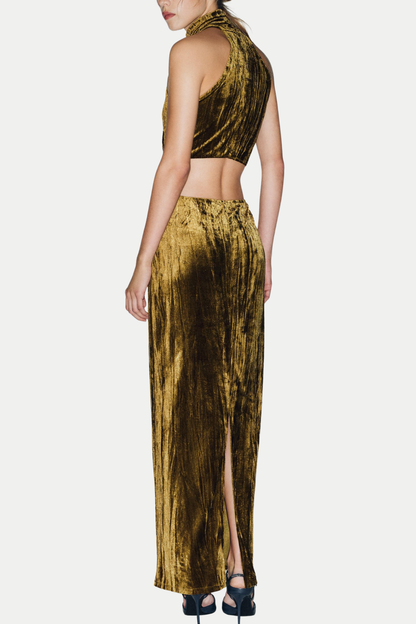 Sudya Halter Velvet Cutout Midi Dress