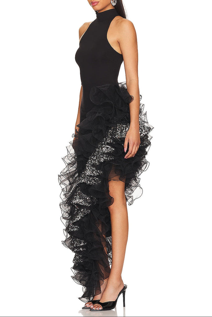 gwendolyn halter sleeveless Sequin Ruffle trim maxi dress in black - Stylish black dress for special occasions | Buy Online
