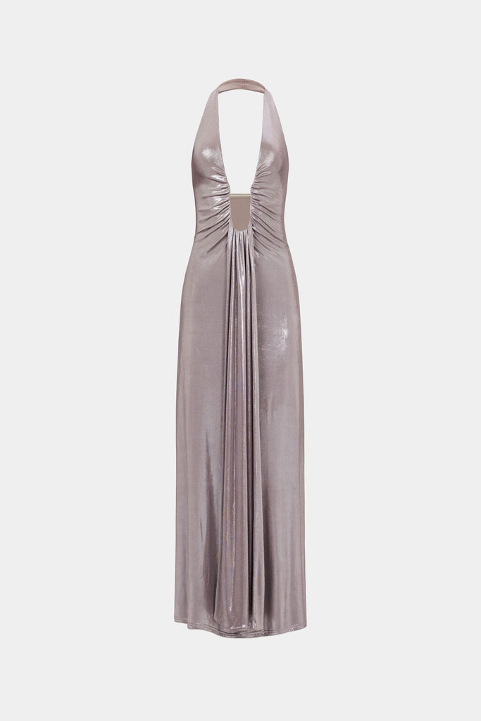 Stylish beautiful dress | lauren halter deep v-neck pleated backless maxi dress in silver - Ideal for special occasions