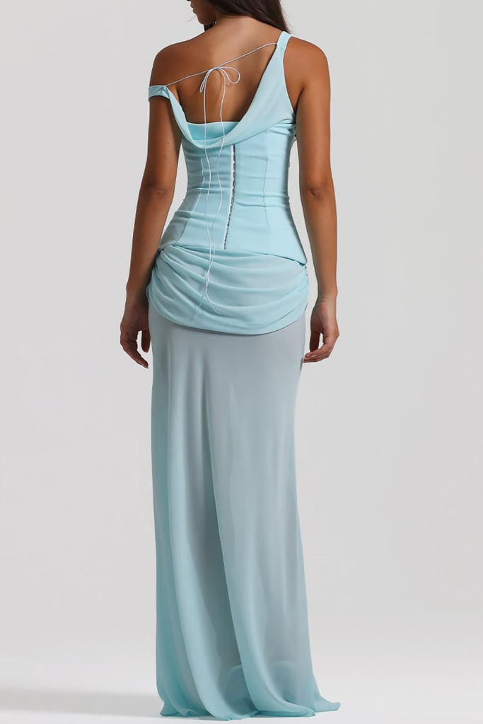 Shop  blue dress - Perfect for special occasions | Tafari Off Shoulder Corset Ruched Maxi Dress - Blue