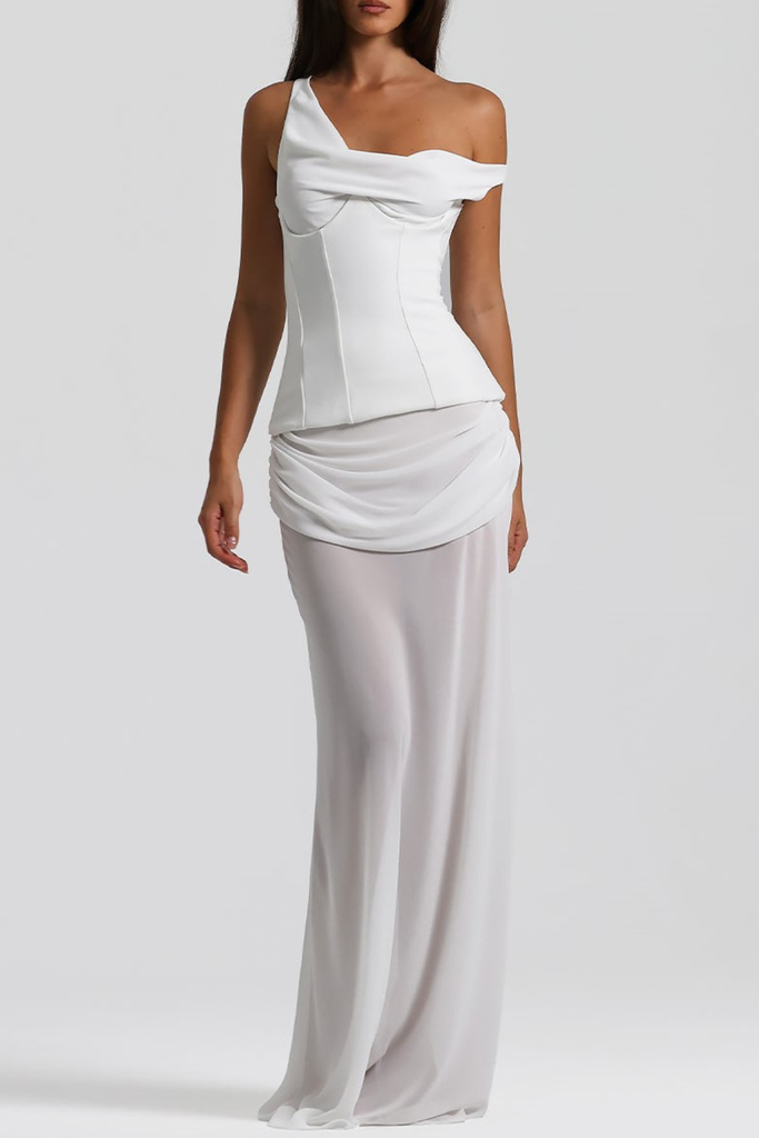 Shop  white dress - Perfect for special occasions | Tafari Off Shoulder Corset Ruched Maxi Dress - White