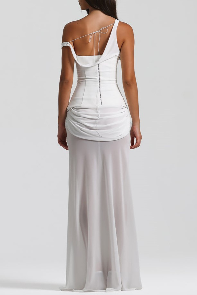 Shop  white dress - Perfect for special occasions | Tafari Off Shoulder Corset Ruched Maxi Dress - White