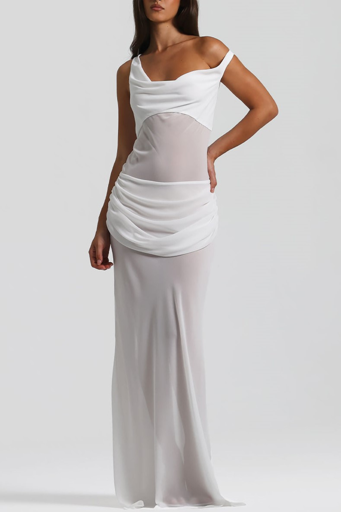 Stylish white dress | Tafari Off Shoulder Corset Ruched Maxi Dress - White - Ideal for special occasions