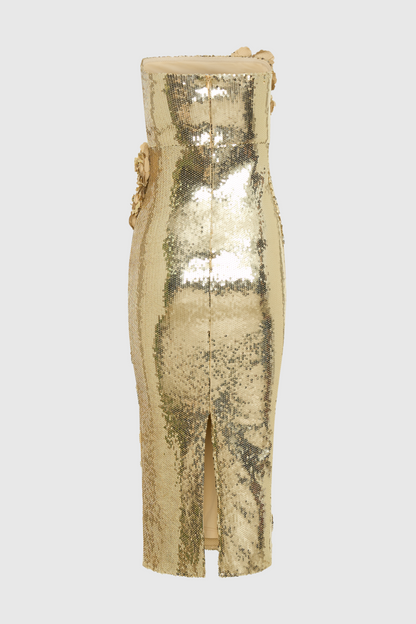 Tambi Strapless Sequin Floral Midi Dress