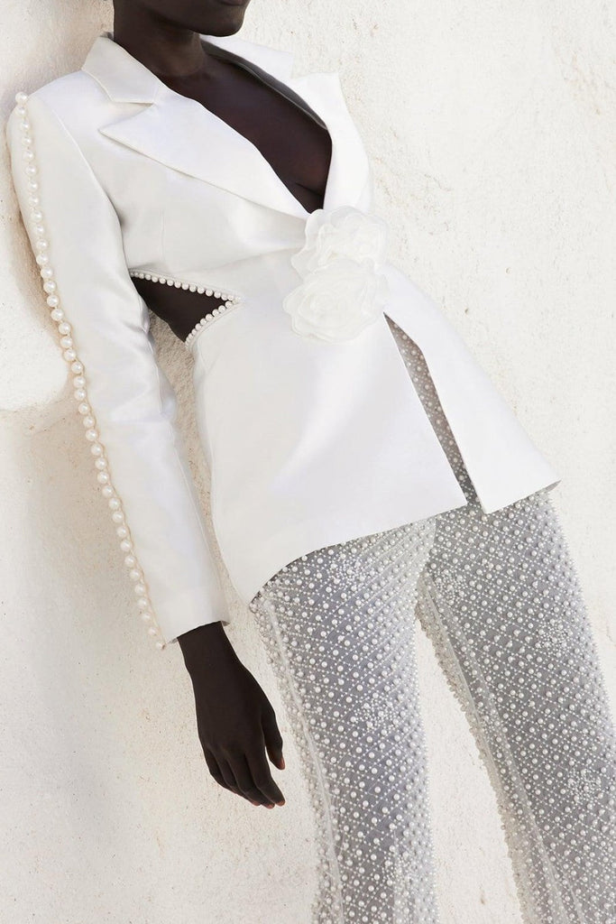 Tanith Floral Pearl Backless Blazer Set - Stylish beautiful dress for special occasions | Buy Online
