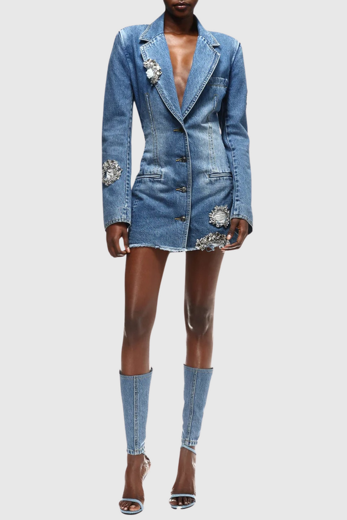 Taton Crystal Embellished Cutout Denim Blazer - Stylish beautiful dress for special occasions | Buy Online