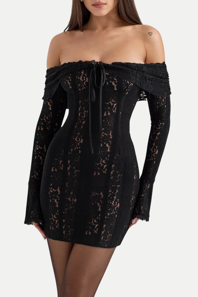 Stylish black dress | Tleta Lace Off Shoulder Mini Dress - Black - Ideal for special occasions