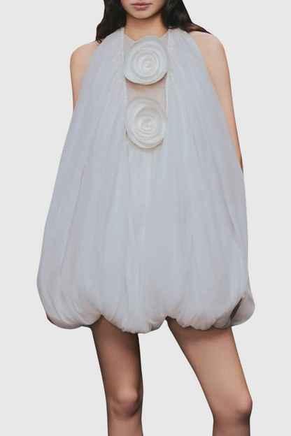 Tlora Floral Applique Halter Puffy Mini Dress