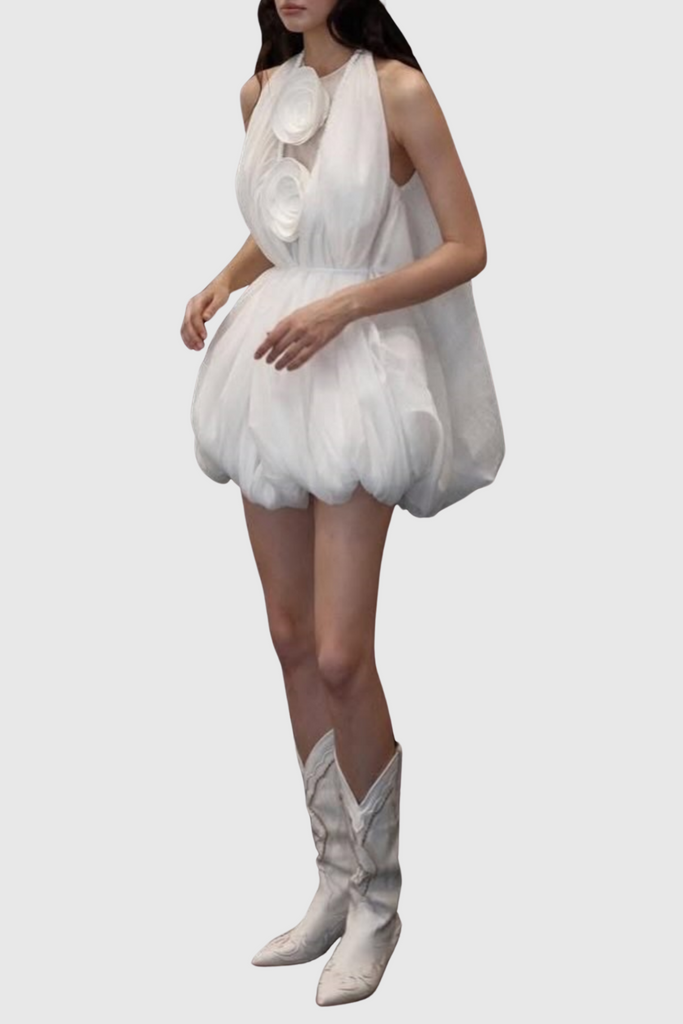 Stylish beautiful dress | Tlora Floral Applique Halter Puffy Mini Dress - Ideal for special occasions