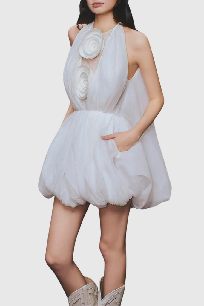 Stylish beautiful dress | Tlora Floral Applique Halter Puffy Mini Dress - Ideal for special occasions