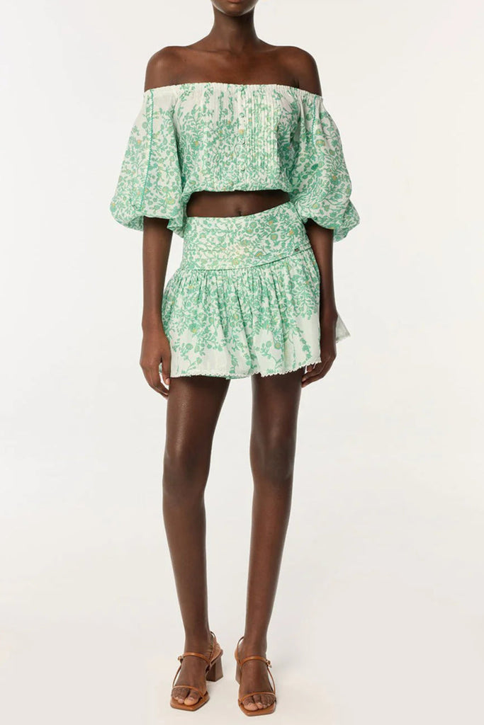 Stylish green mini | OFF-SHOULDER FLORAL PRINT MINI SKIRT SET IN GREEN - Ideal for special occasions