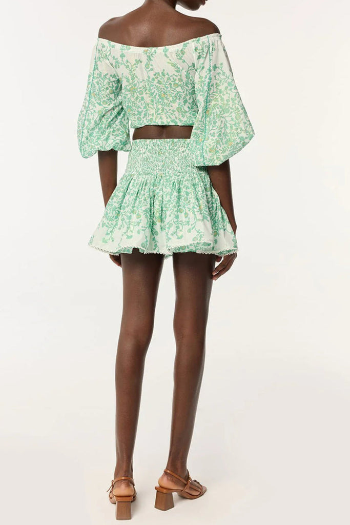 Stylish green mini | OFF-SHOULDER FLORAL PRINT MINI SKIRT SET IN GREEN - Ideal for special occasions
