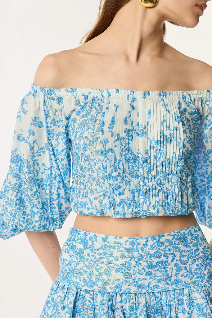 Shop  blue mini - Perfect for special occasions | OFF-SHOULDER FLORAL PRINT MINI SKIRT SET IN BLUE