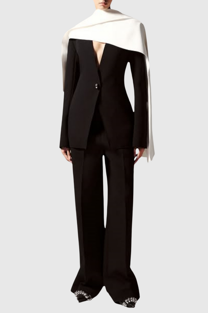 Stylish black dress | Tyanne Asymmetrical Shoulder Pleat Blazer Two Piece Set - Black - Ideal for special occasions