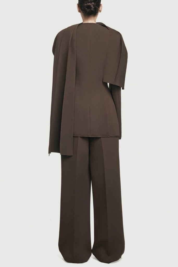 Shop  brown dress - Perfect for special occasions | Tyanne Asymmetrical Shoulder Pleat Blazer Two Piece Set - Brown