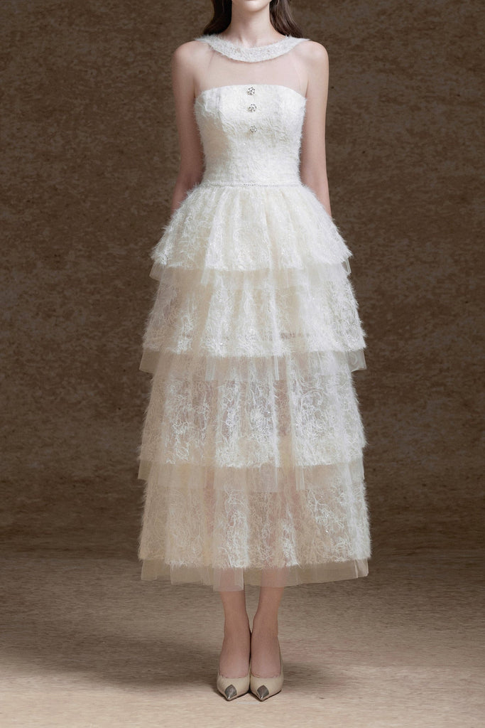 Shop  white dress - Perfect for special occasions | alison mesh stitching layer dress in white