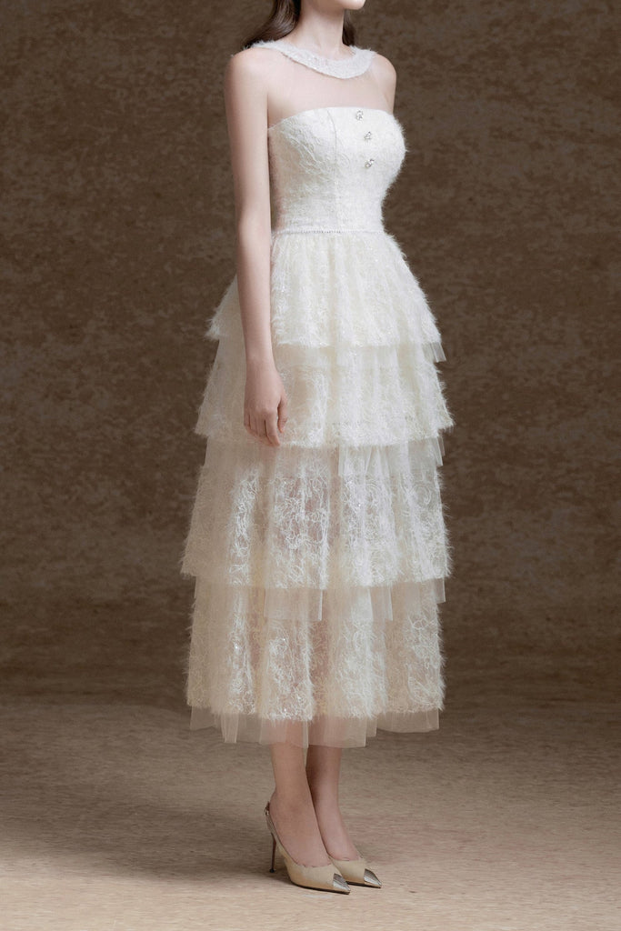 Stylish white dress | alison mesh stitching layer dress in white - Ideal for special occasions